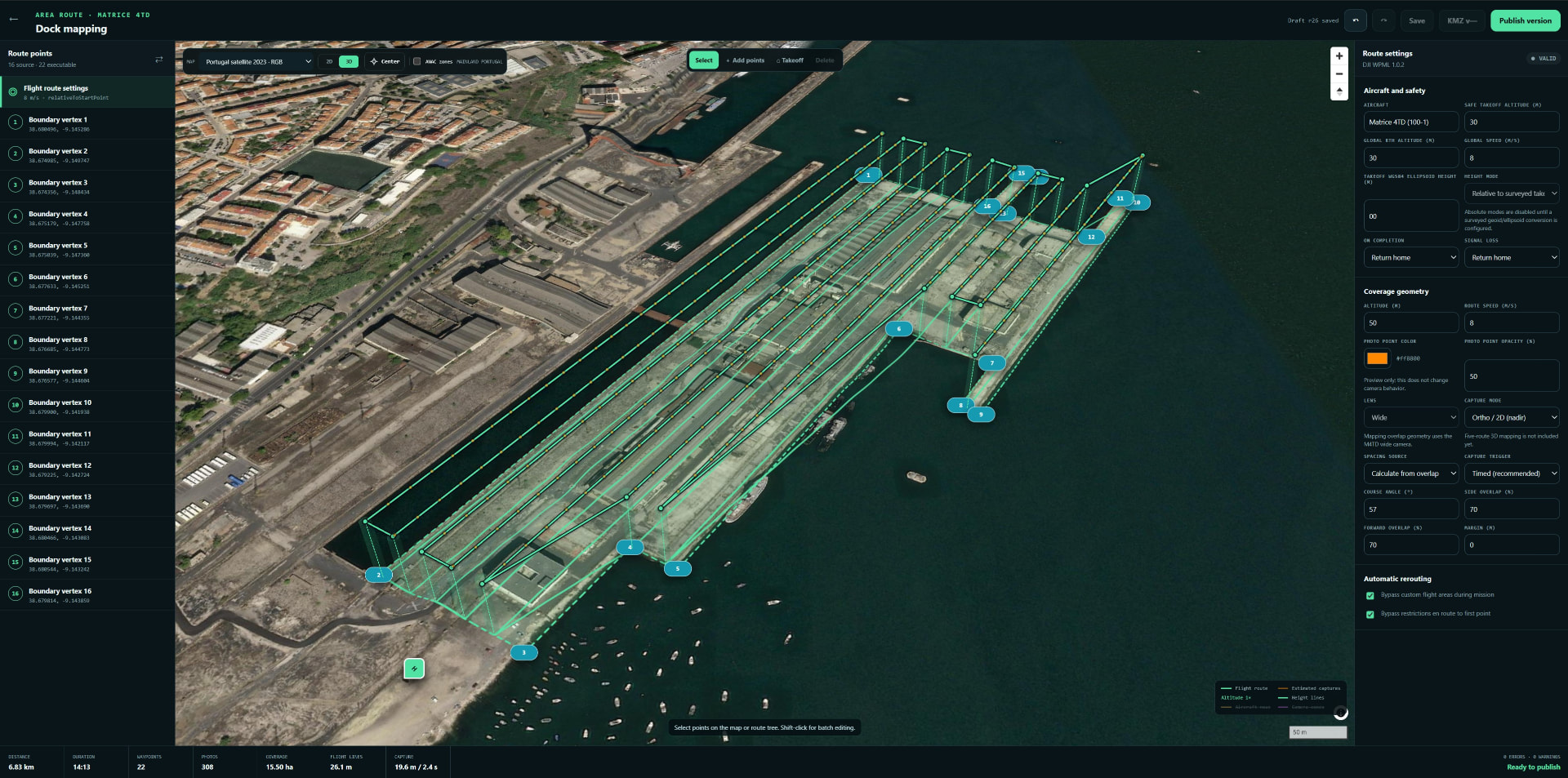 Timoneiro area route editor showing a dock mapping mission over a harbour with computed flight lines