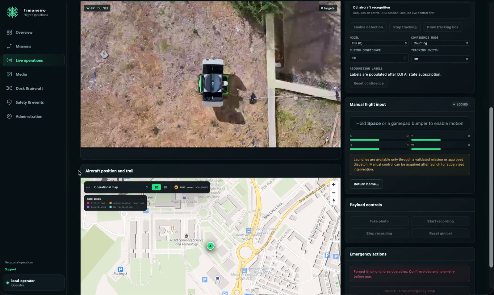 Timoneiro live operations view with drone video feed, map trail, payload controls and emergency actions