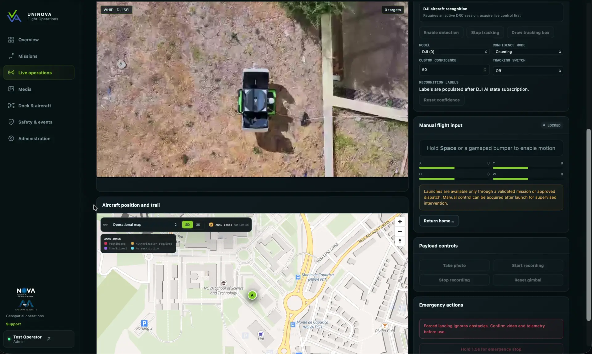 Timoneiro live operations view with drone video feed, map trail, payload controls and emergency actions