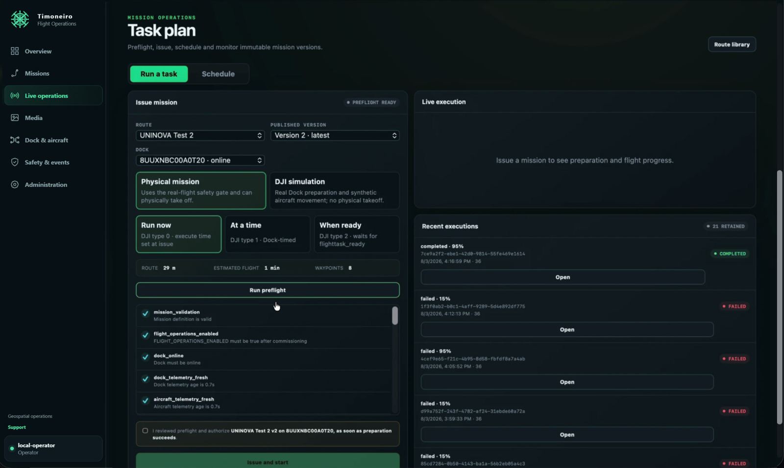 Timoneiro task plan screen with preflight checks, dock selection and recent executions
